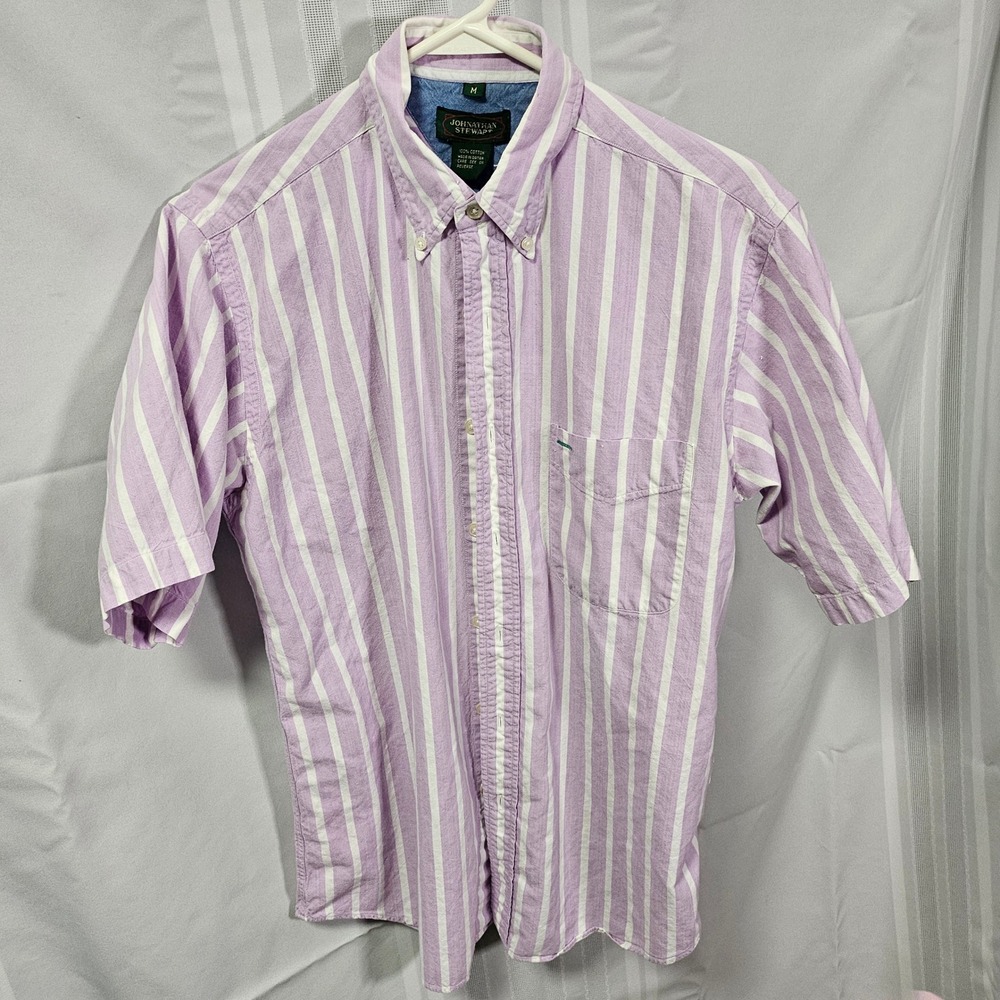 Johnathan Stewart Button Down Shirt Mens‎ M Purple Striped Short Sleeve Cotton